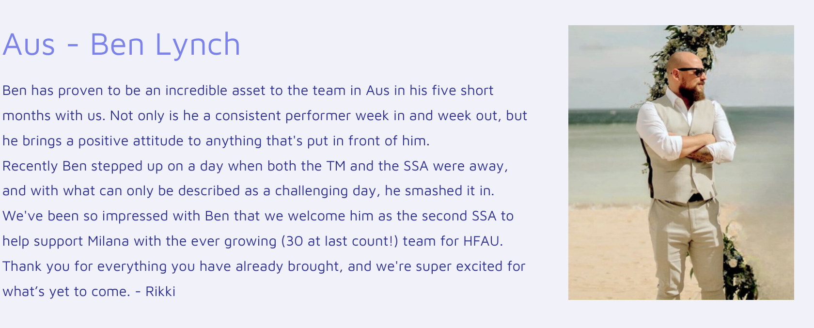 D2MS Monthly Newsletter, April 2024: Australia Employee of the Month, Ben Lynch, written up by Rikki, with photo